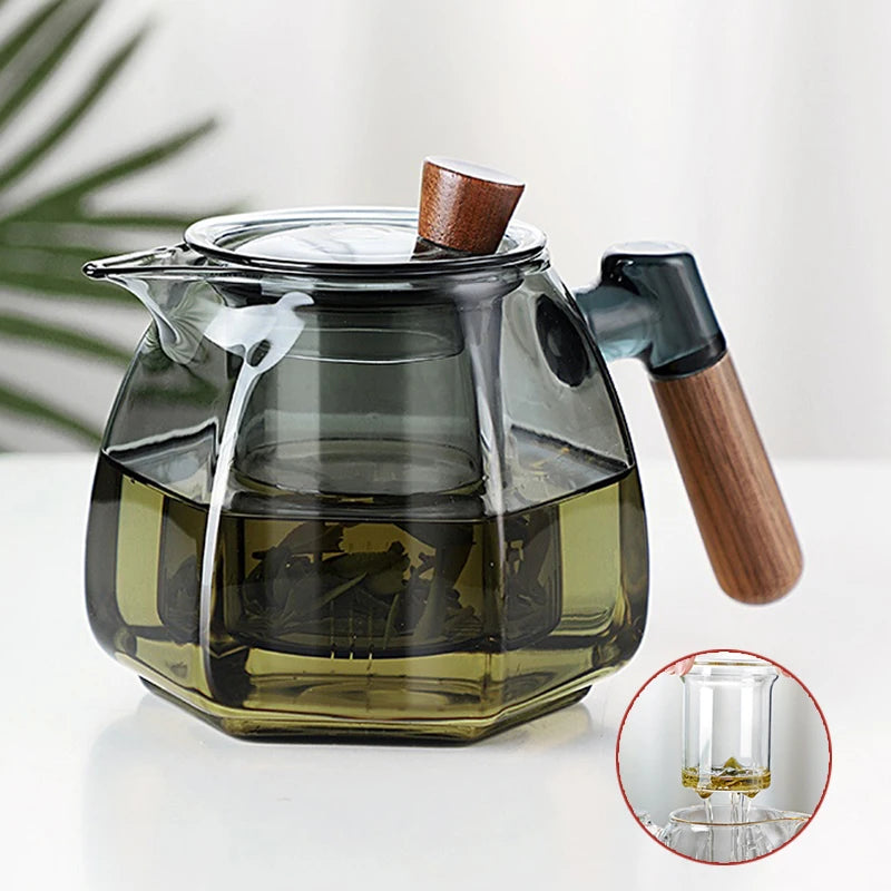Théière en Verre Borosilicate 600ML avec Manche en Bois Scandinave