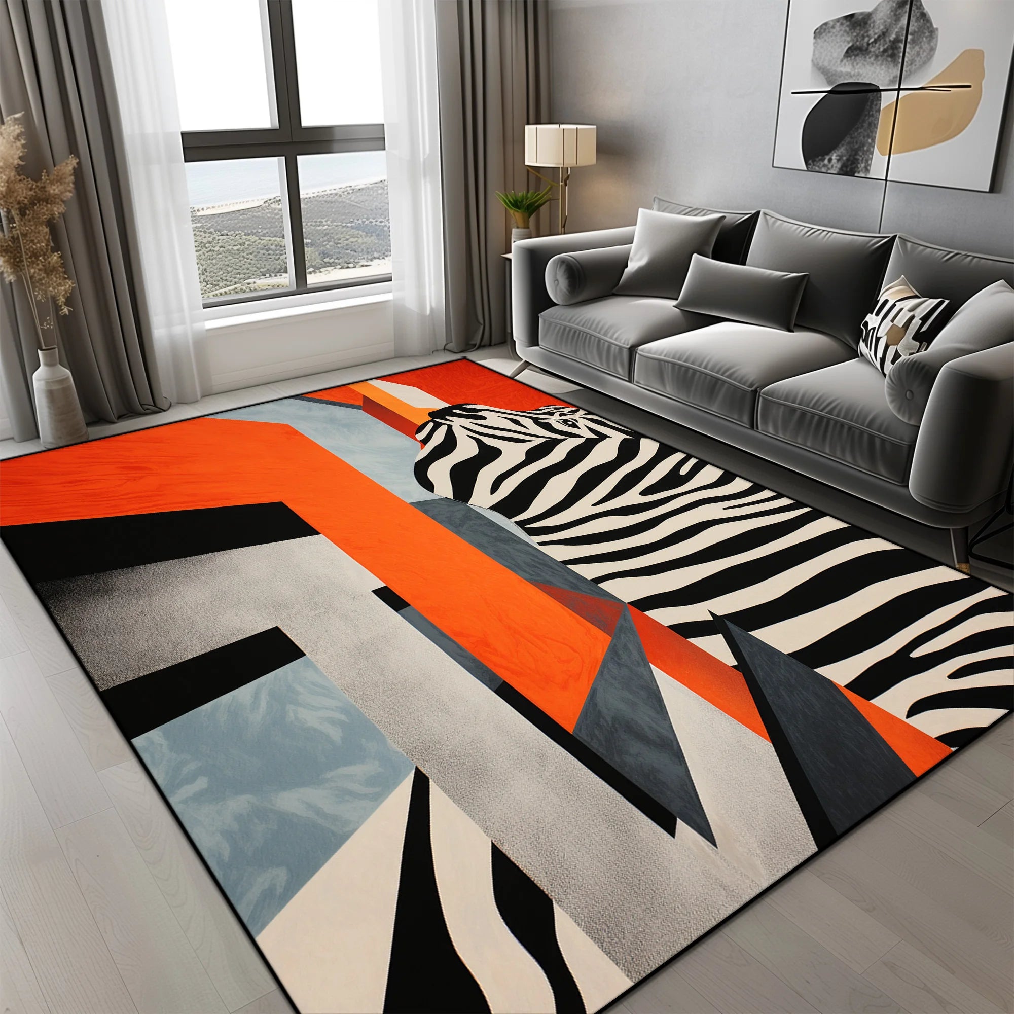 Tapis Géométrique Motif Triangles Orange Gris Noir