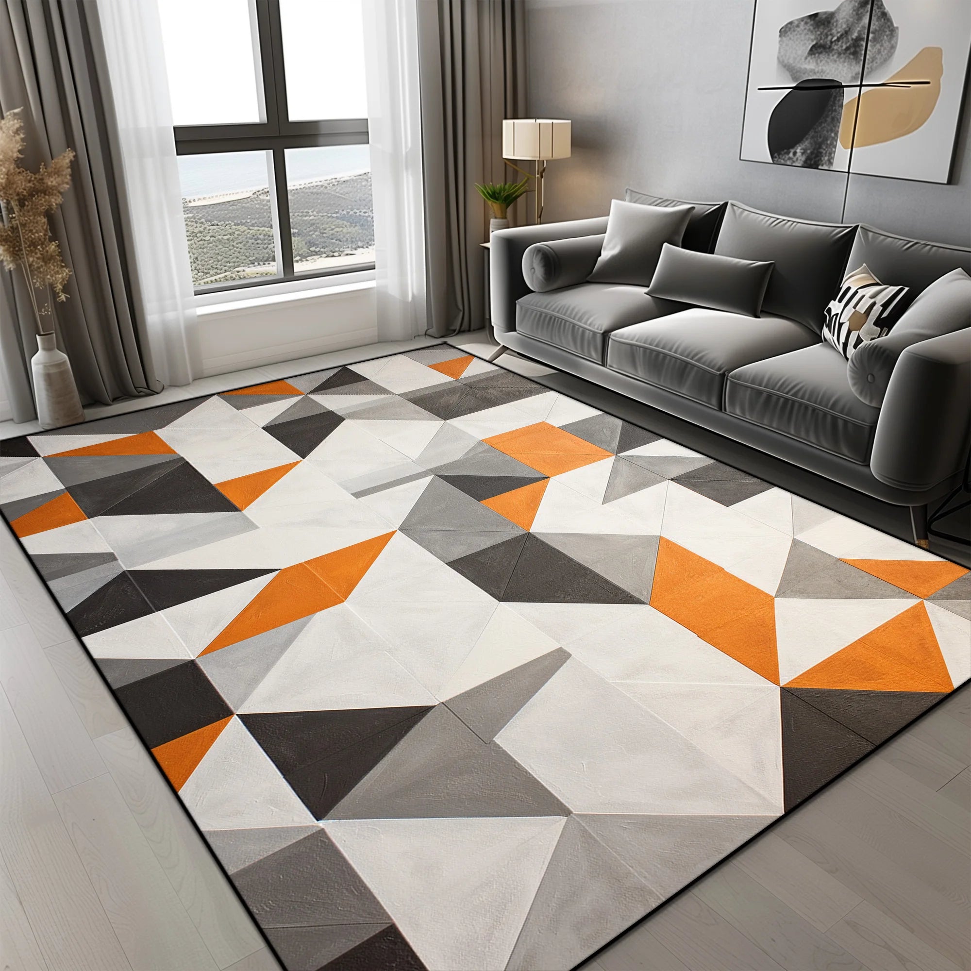 Tapis Géométrique Motif Triangles Orange Gris Noir