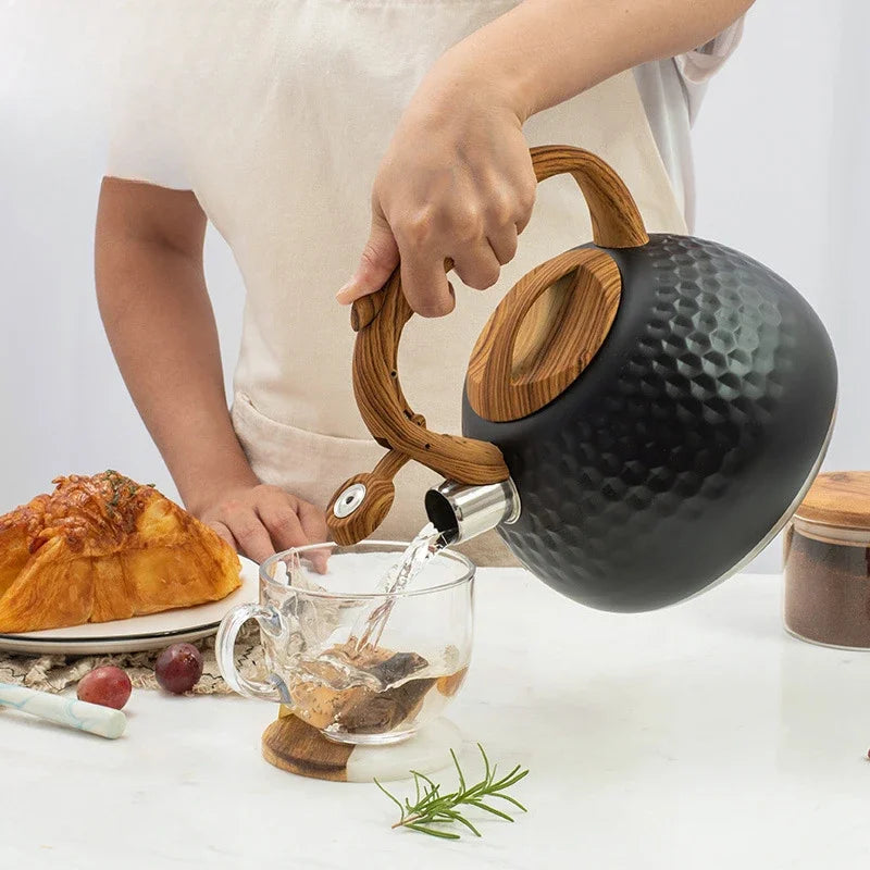 Bouilloire Sifflante Inox Noir Bois 3L