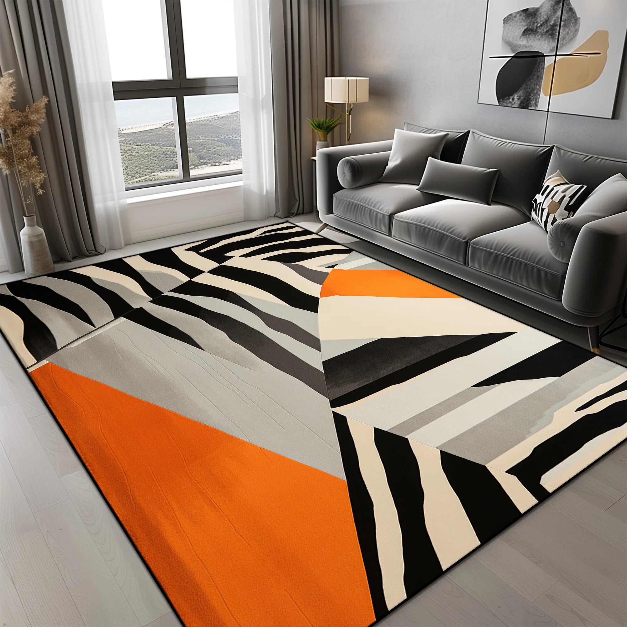 Tapis Géométrique Motif Triangles Orange Gris Noir