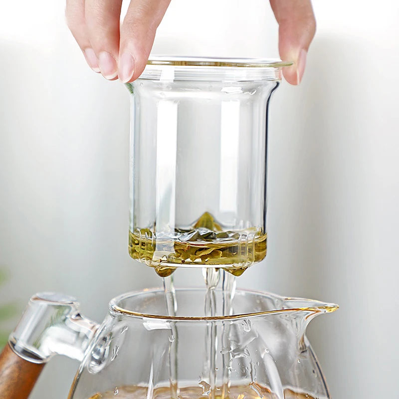 Théière en Verre Borosilicate 600ML avec Manche en Bois Scandinave