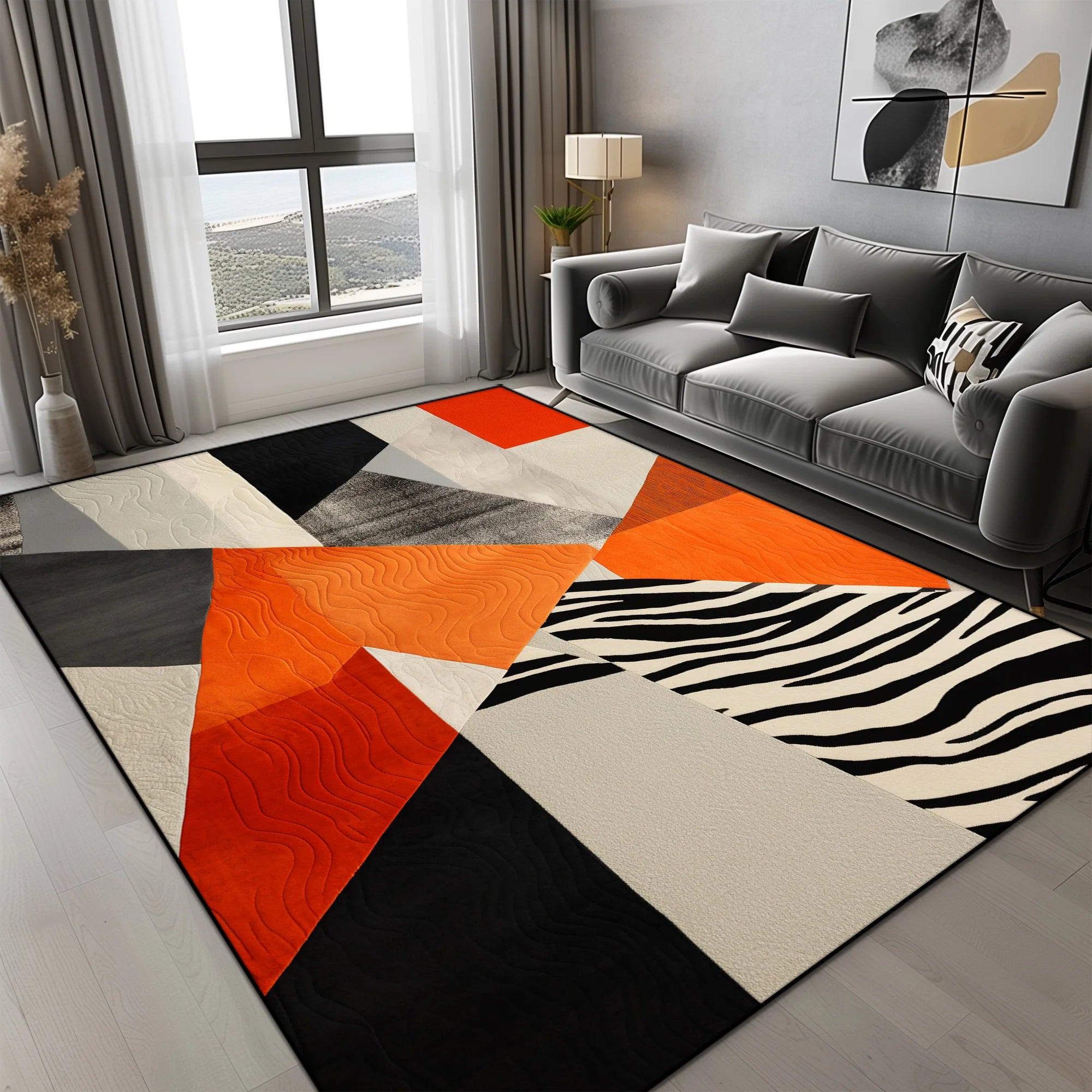 Tapis Géométrique Motif Triangles Orange Gris Noir