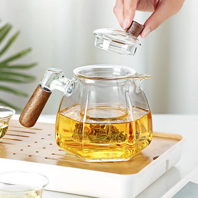 Théière en Verre Borosilicate 600ML avec Manche en Bois Scandinave