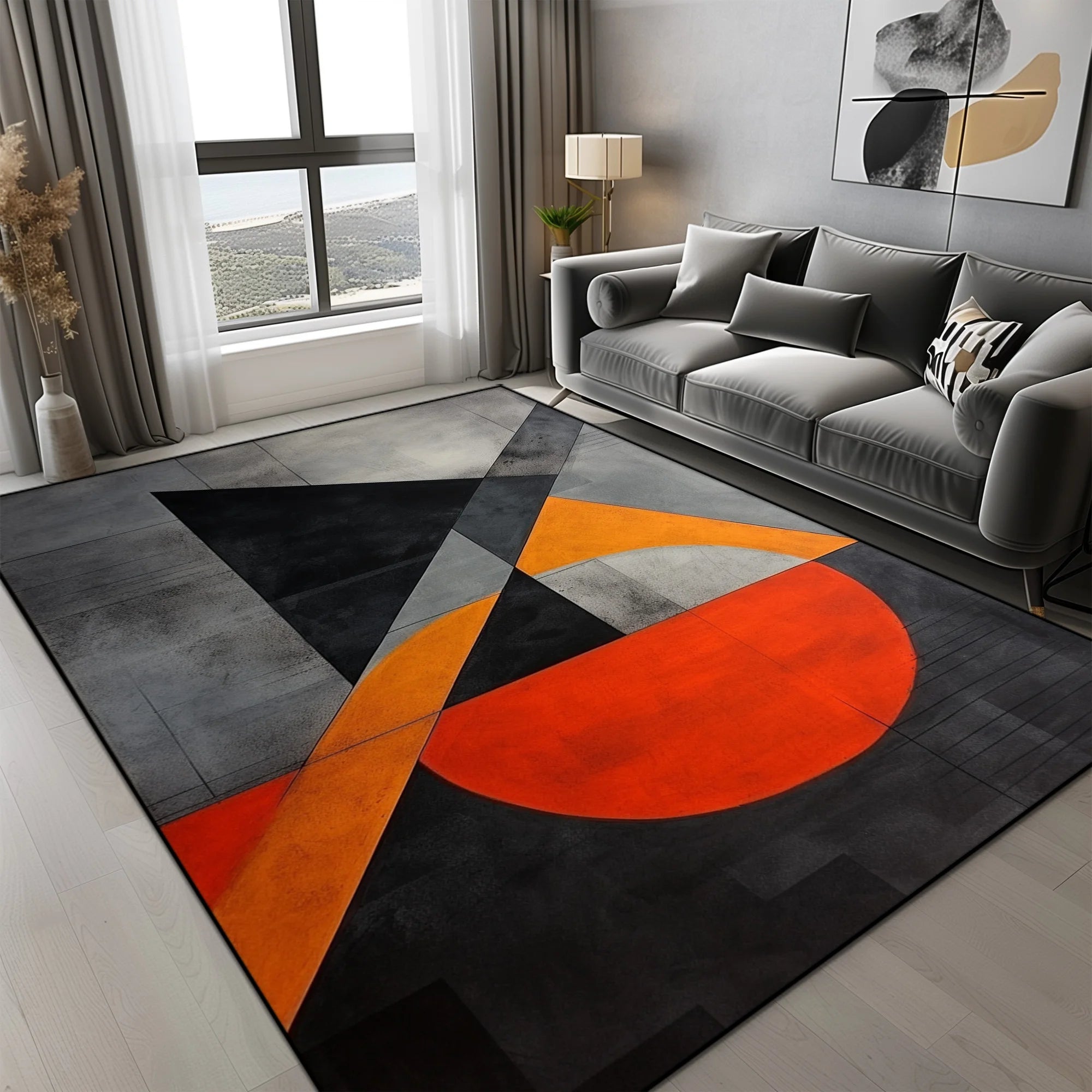 Tapis Géométrique Motif Triangles Orange Gris Noir