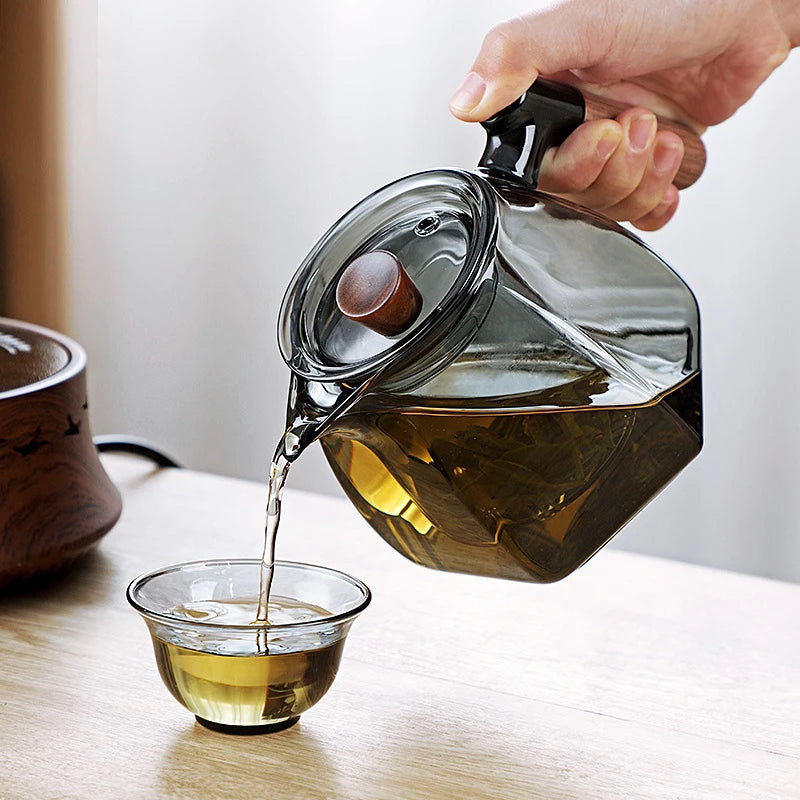 Théière en Verre Borosilicate 600ML avec Manche en Bois Scandinave