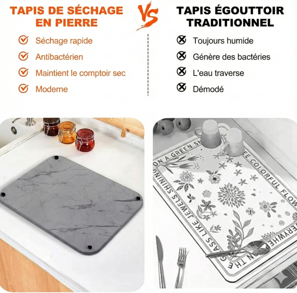 Tapis de Séchage Vaisselle en Pierre Terre de Diatomée