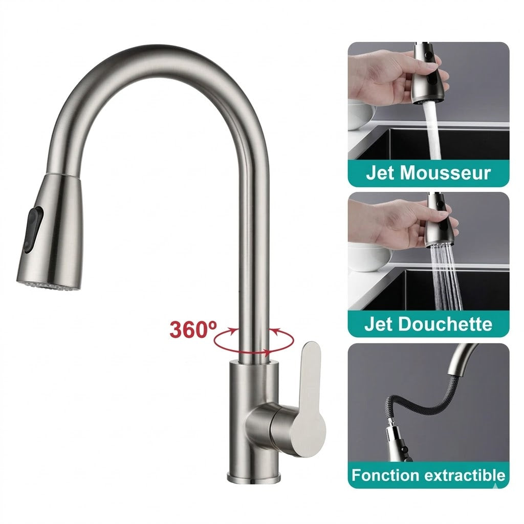 Robinet de Cuisine Gris en Acier avec Douchette