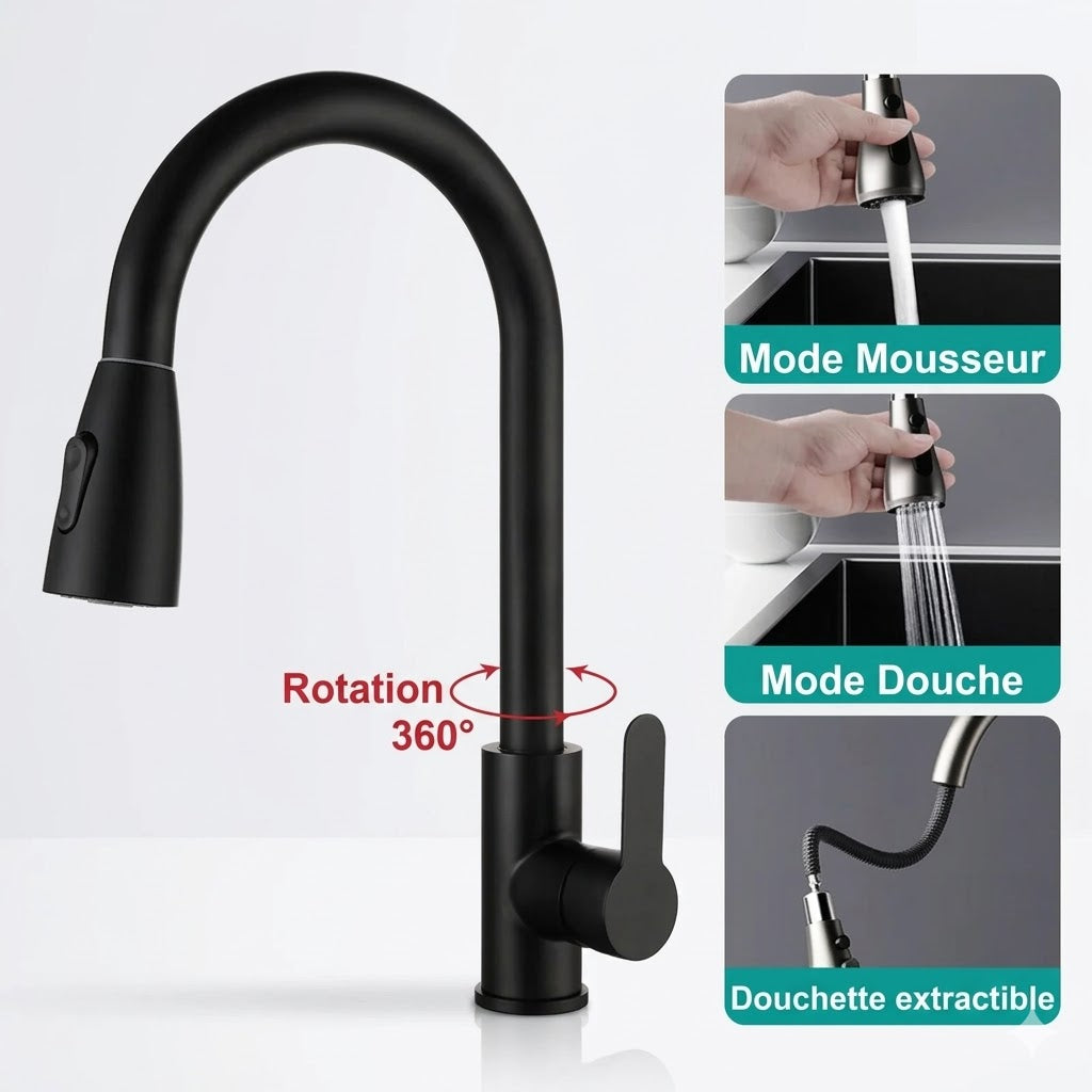 Robinet de Cuisine Gris en Acier avec Douchette